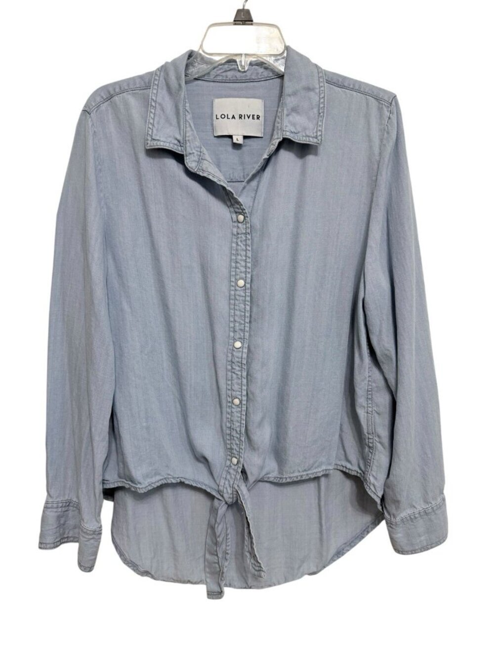 Lola River Chambray Blue High Low Tie Front Snap Close Shirt Size Large